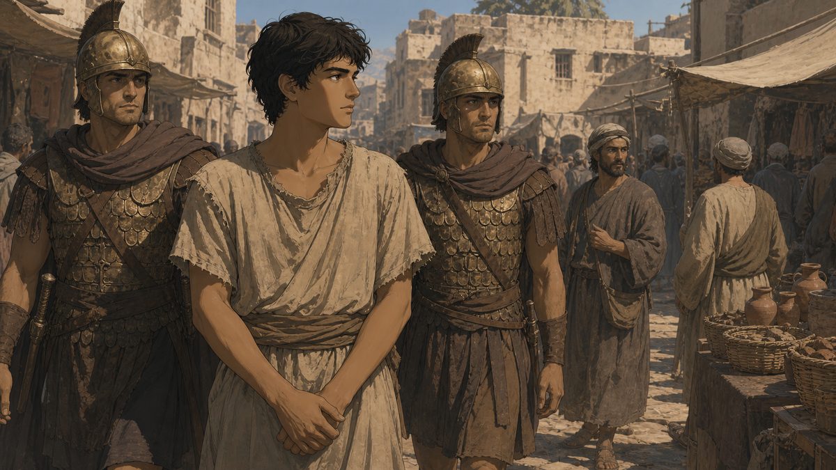 古代の市場で兵士に連行される青年のイメージイラスト