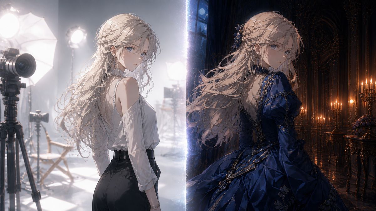 現代の女優と異世界の公女を対比した構図(転生のイメージ)