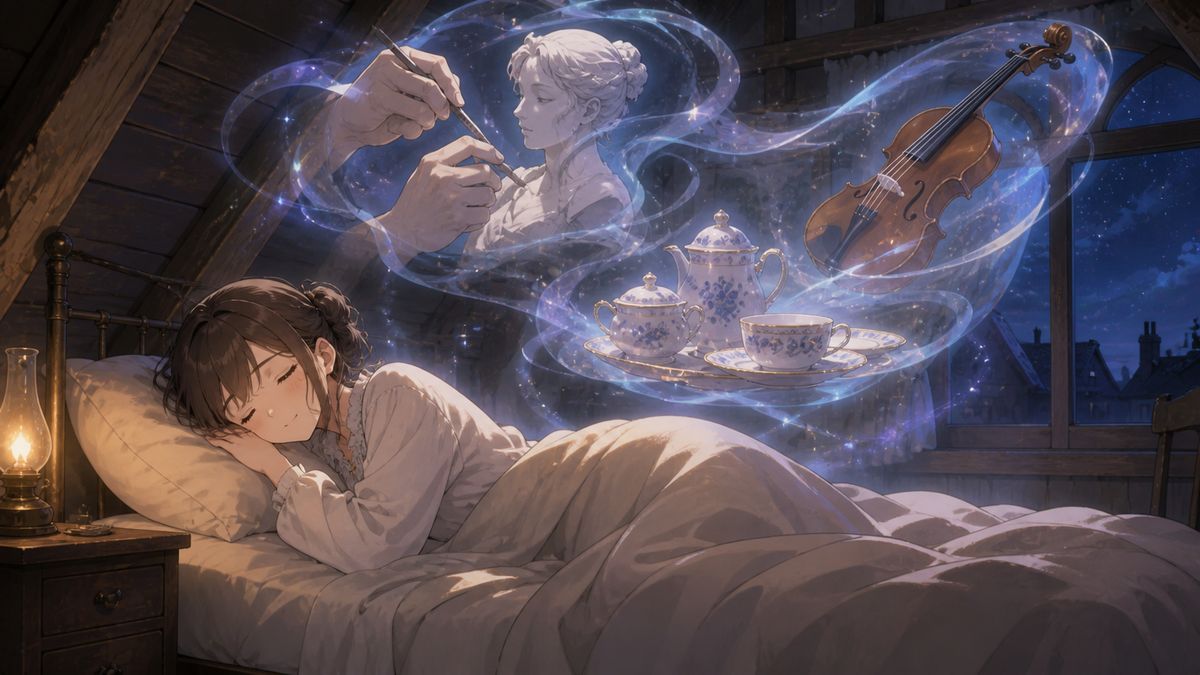 眠る少女の周囲に浮かぶ夢のイメージ（能力を得る場面）