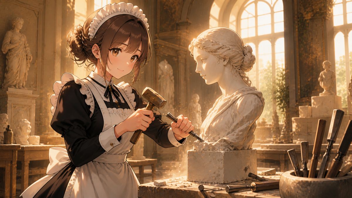 工房で彫刻を彫るメイド（習得した技術のイメージ）
