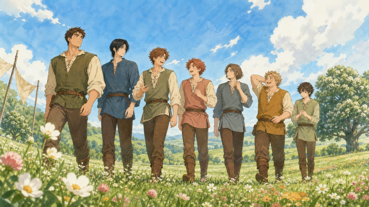 花咲く草原を並んで歩く七人の兄弟