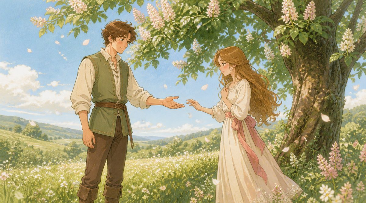花の咲く木の下で少女に手を差し出す青年