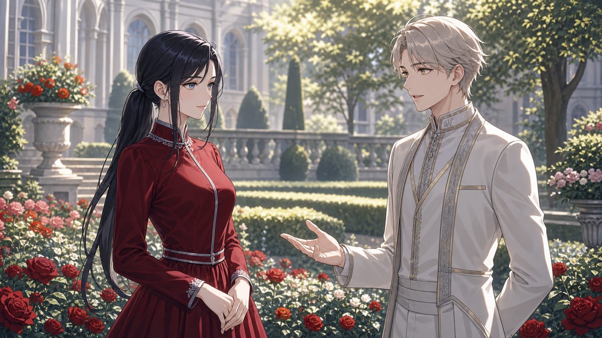薔薇の庭で穏やかに語りかける皇子と向き合う令嬢