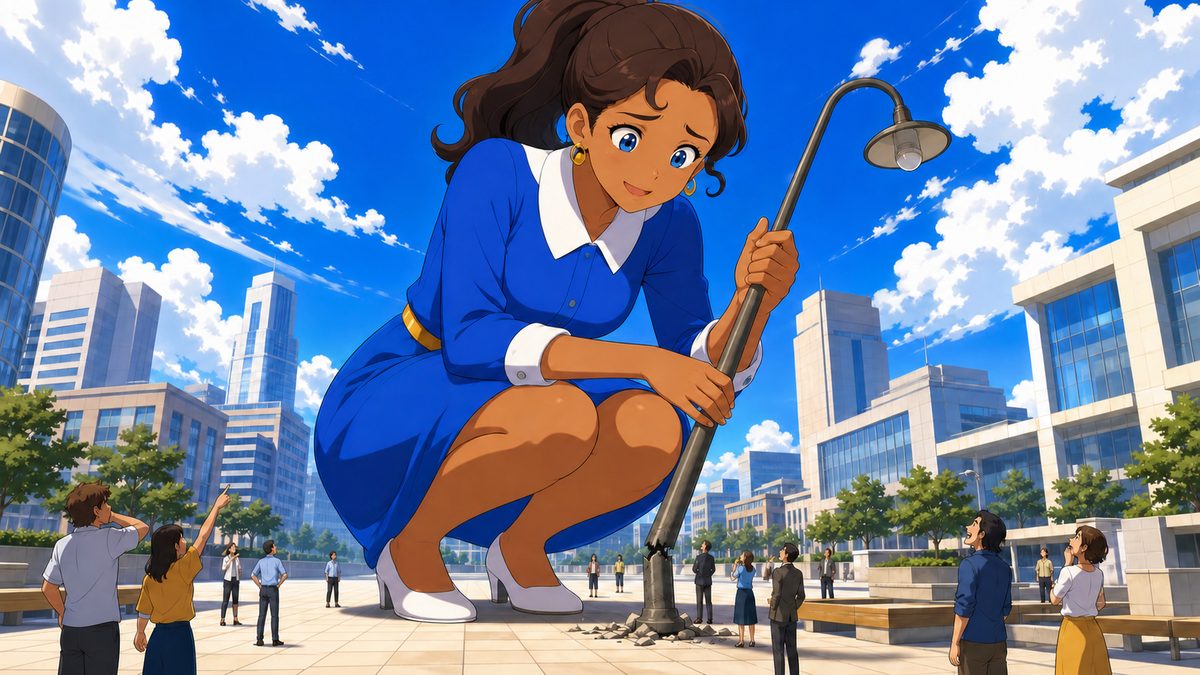 うっかり折った街灯を手に申し訳なさそうにしゃがむ巨大な令嬢
