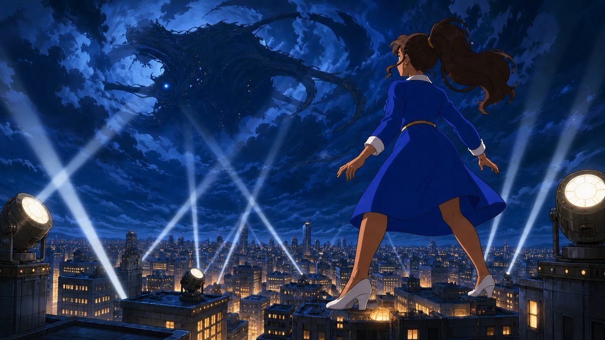 夜空から降りてくる侵略者と対峙する巨大化した令嬢