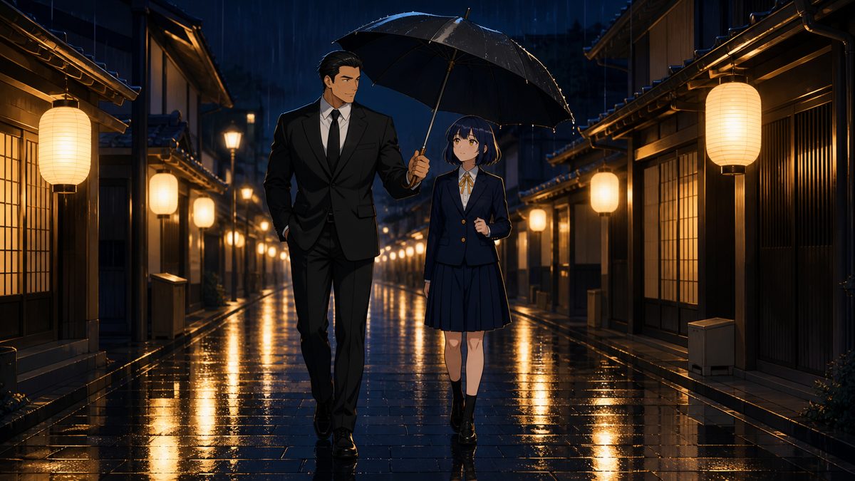 雨の夜道で少女に傘を差しかけて歩く黒スーツの男