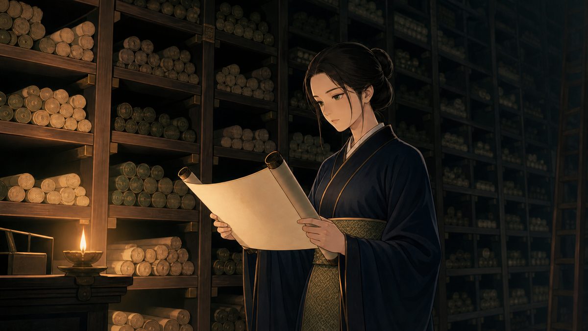 書庫で灯りのもと巻物を読む官吏の装いの女性