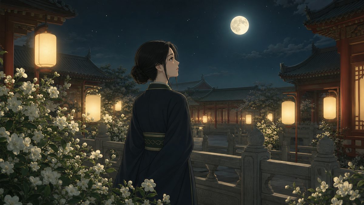 茉莉花が咲く月夜の中庭に立つ官吏の女性