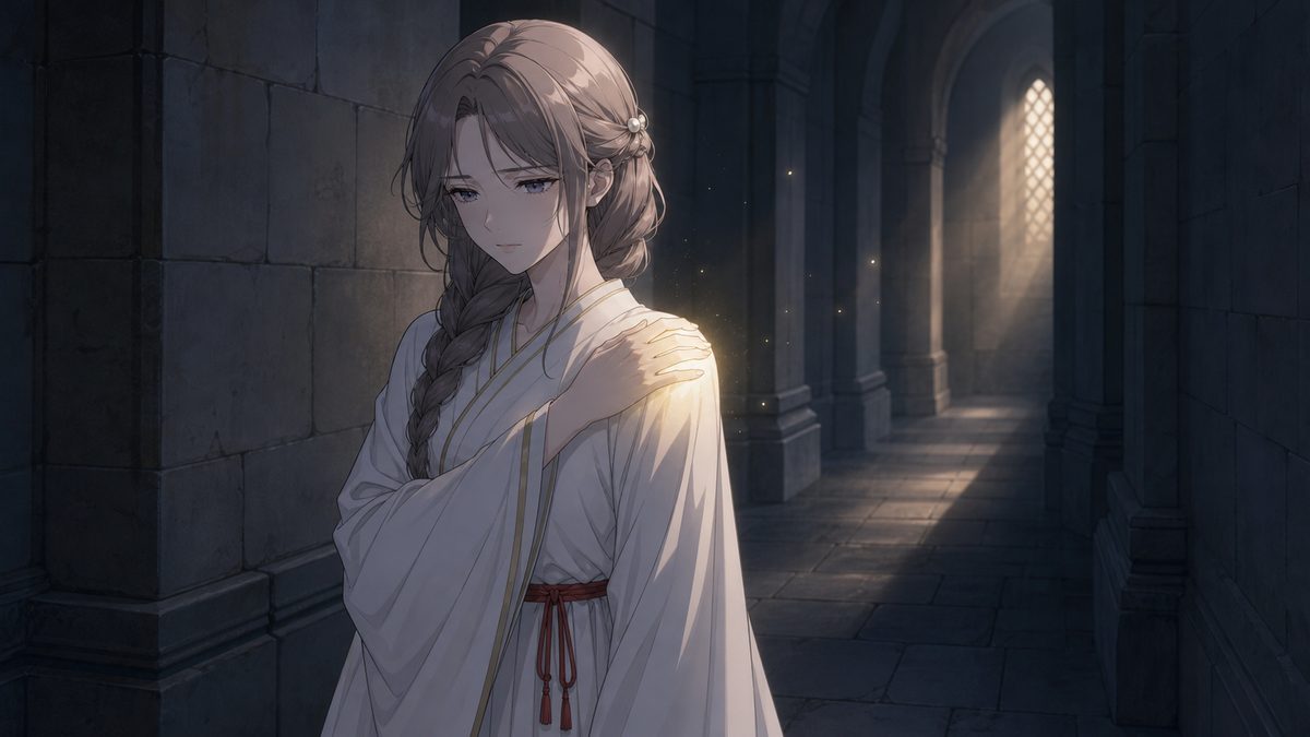 薄暗い回廊で肩を押さえ痛みをこらえる聖女