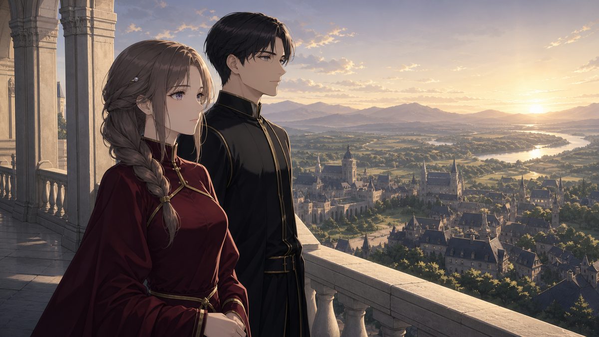 夜明けのバルコニーで王子と並び王都を見下ろす深紅のドレスの女性