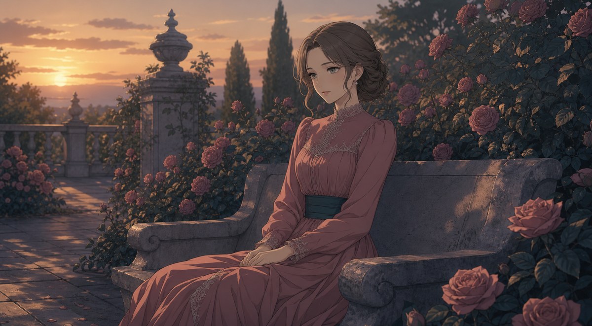 夕暮れの薔薇の庭で穏やかな表情を見せる令嬢