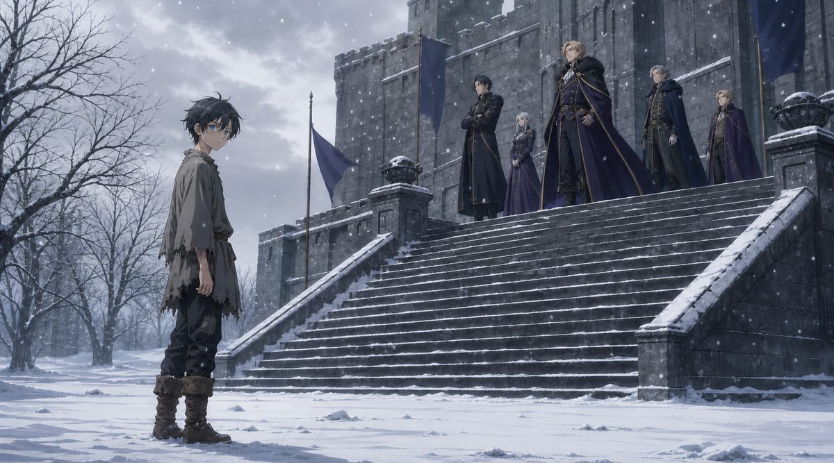 雪の中庭で貴族たちに見下ろされるみすぼらしい少年