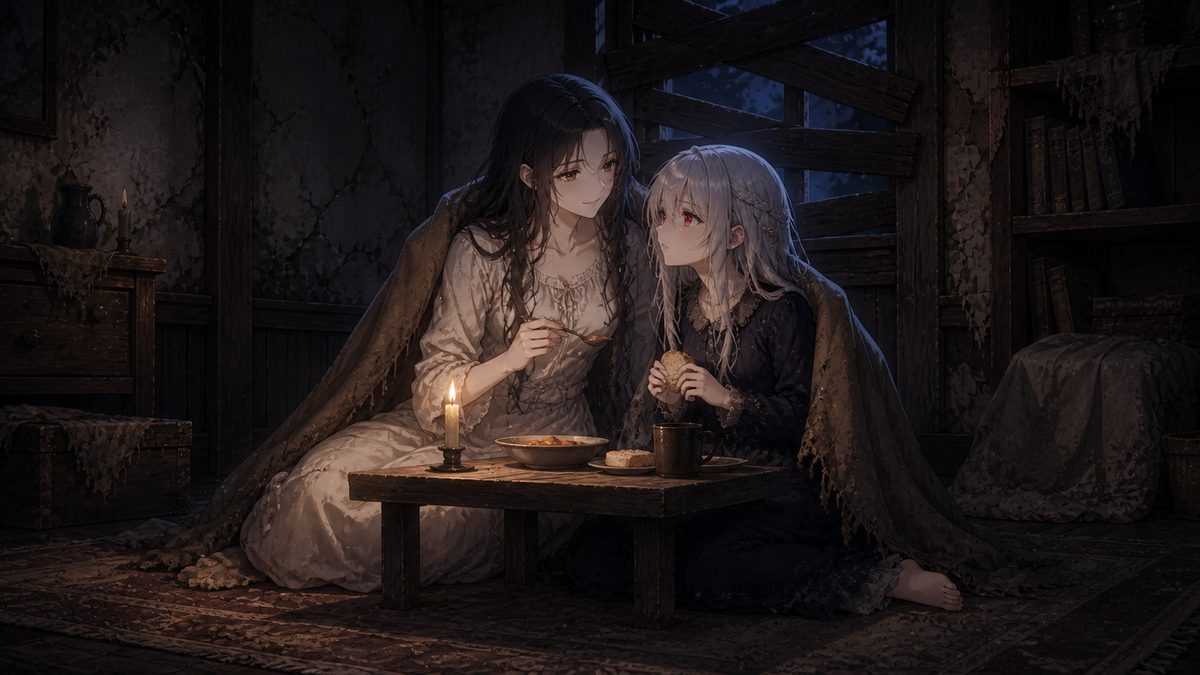 荒れた屋敷でろうそくを灯し母と食事をする少女のイメージイラスト