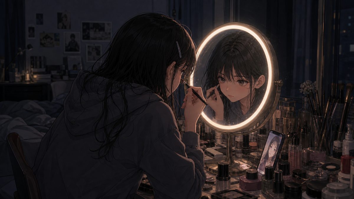 鏡の前でメイクを研究する少女のイメージ