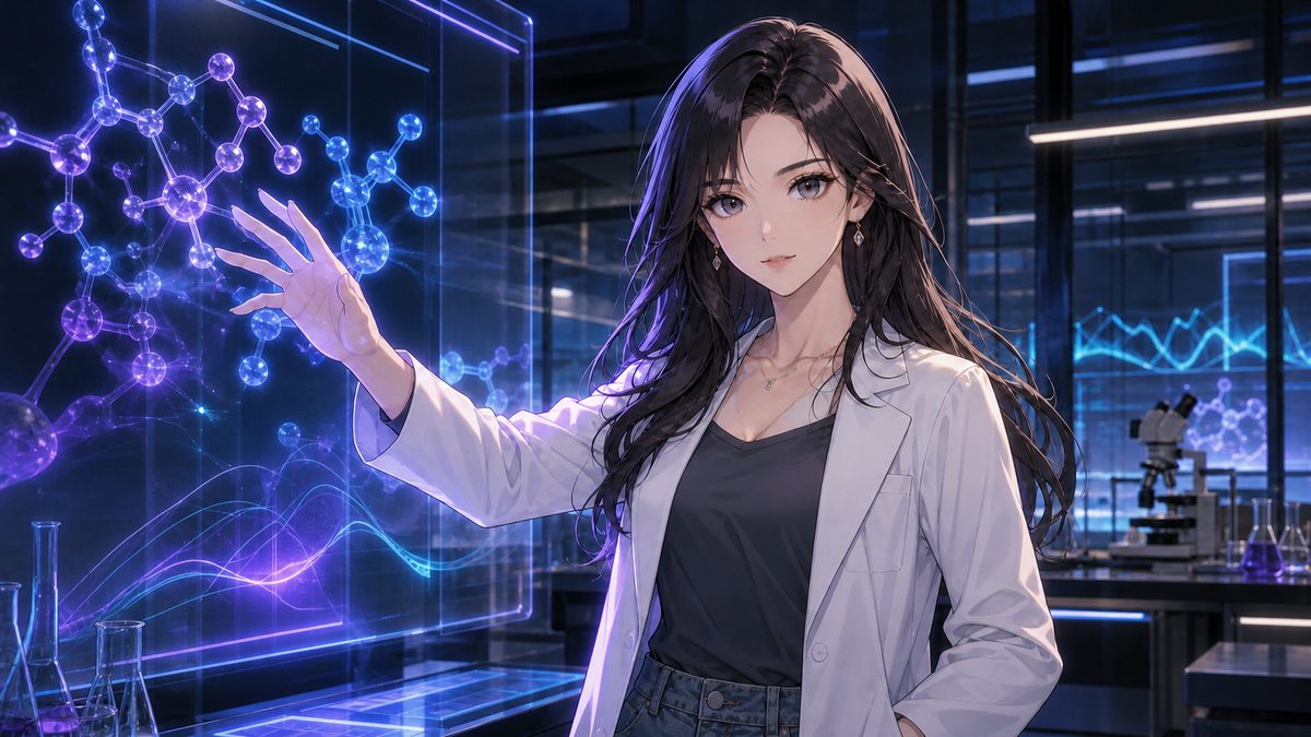 ホログラムのデータを操作する白衣の女性（科学者としての前世）