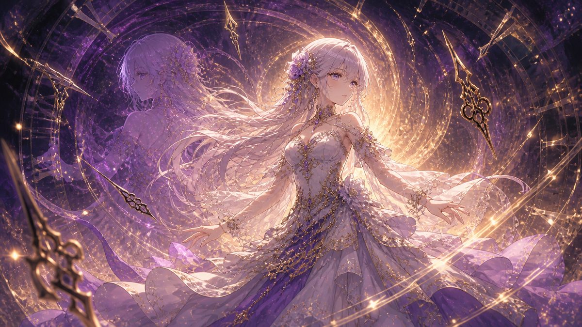 時間が巻き戻る光の渦の中に立つ少女(回帰のイメージ)