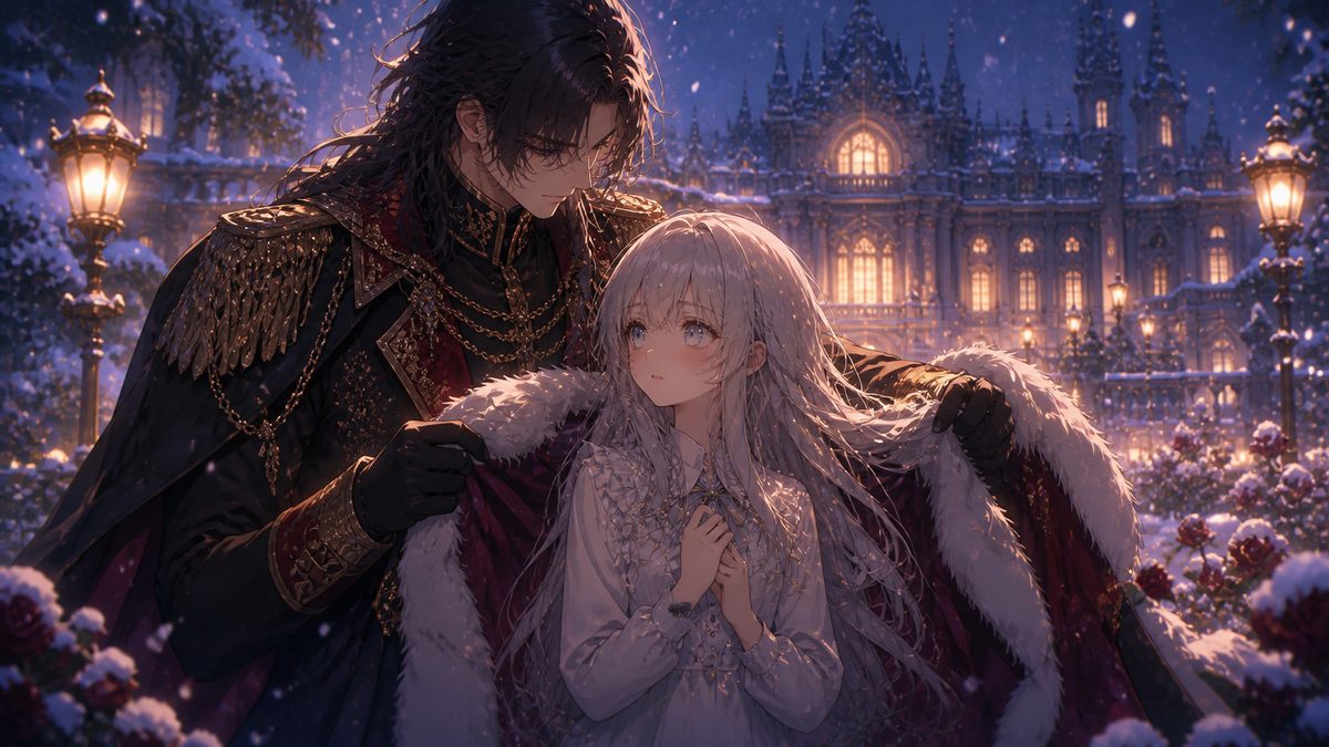 雪の庭で少女に外套をかける公爵(溺愛のイメージ)