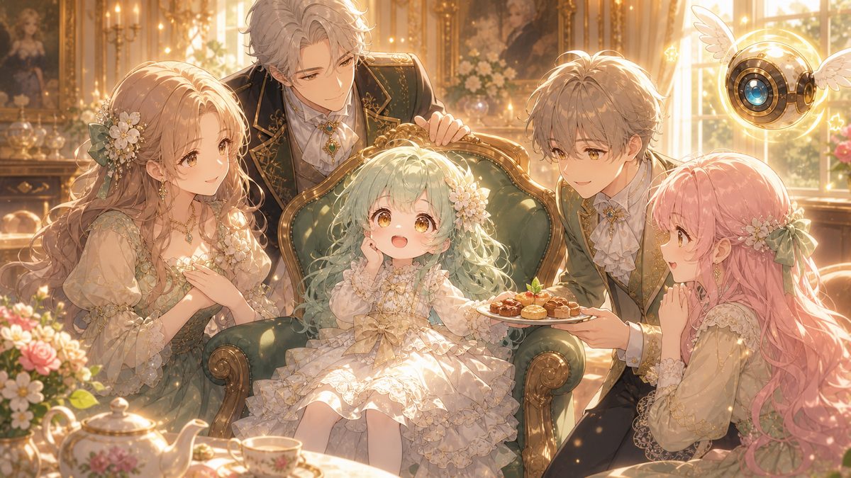 屋敷の応接間で家族に囲まれ祝福される少女のイメージイラスト