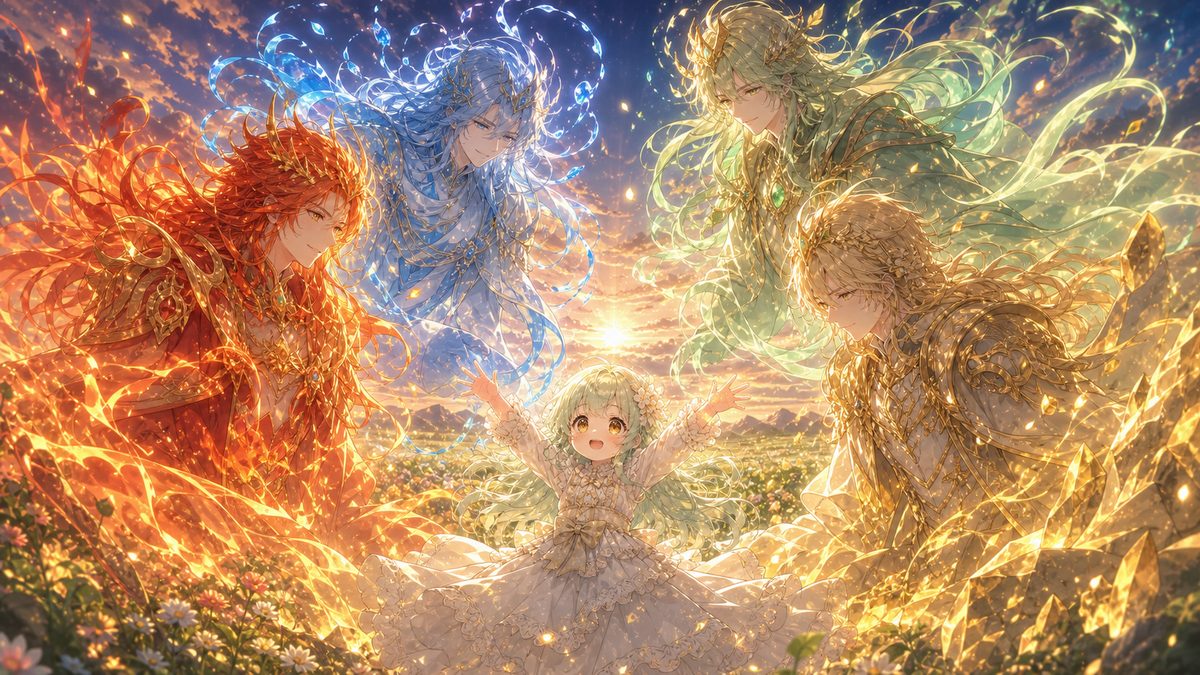 夕暮れの野原で四大精霊王に見守られる少女のイメージイラスト