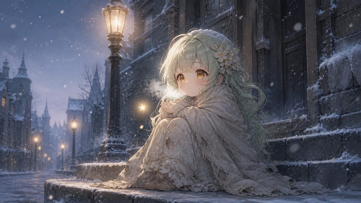雪の降る街角でひとり膝を抱える少女のイメージイラスト