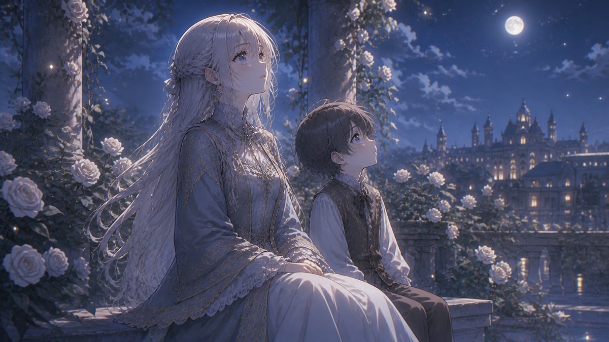 月夜の庭園で少年と語らう場面のイメージ