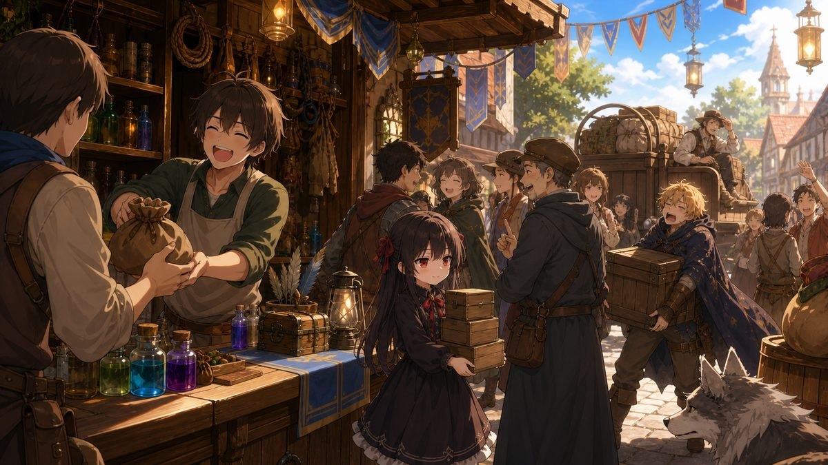 客で賑わう道具屋の店先で笑顔で接客する店主のイメージイラスト