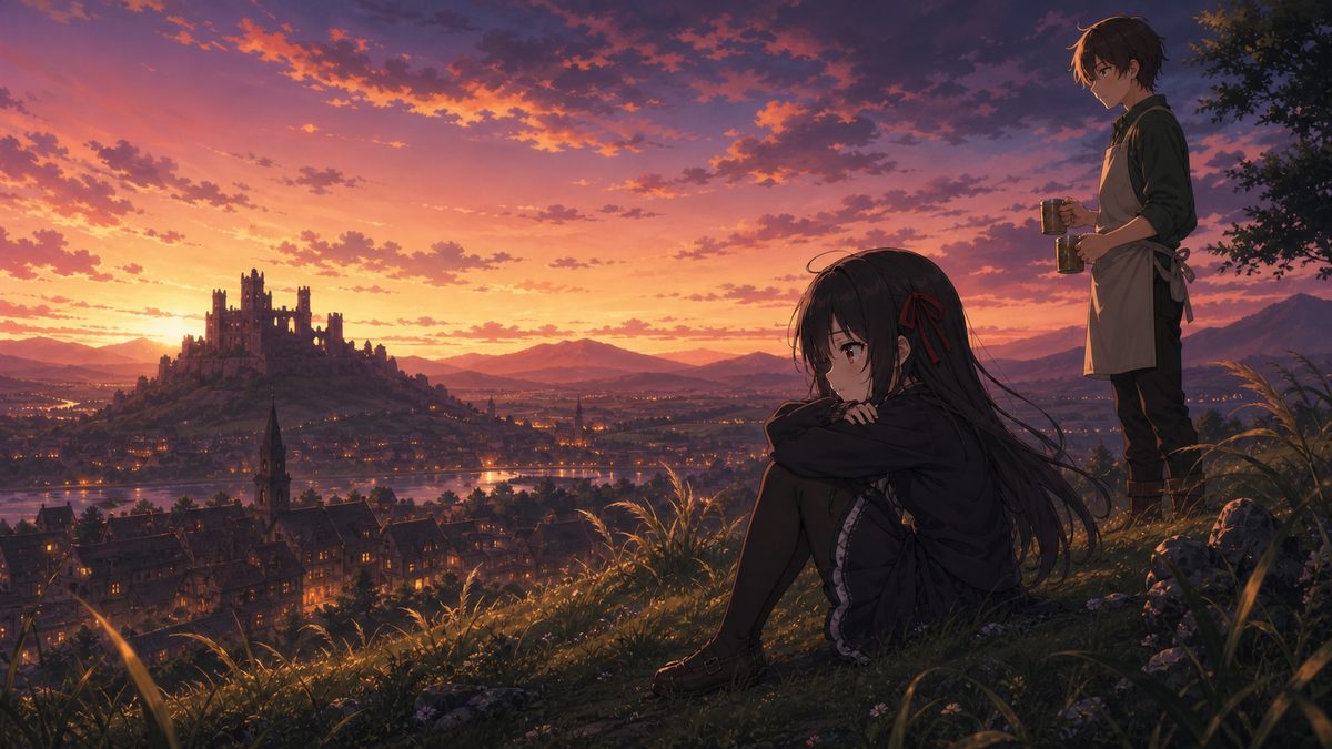 夕暮れの丘から魔王城の廃墟を見つめる少女のイメージイラスト