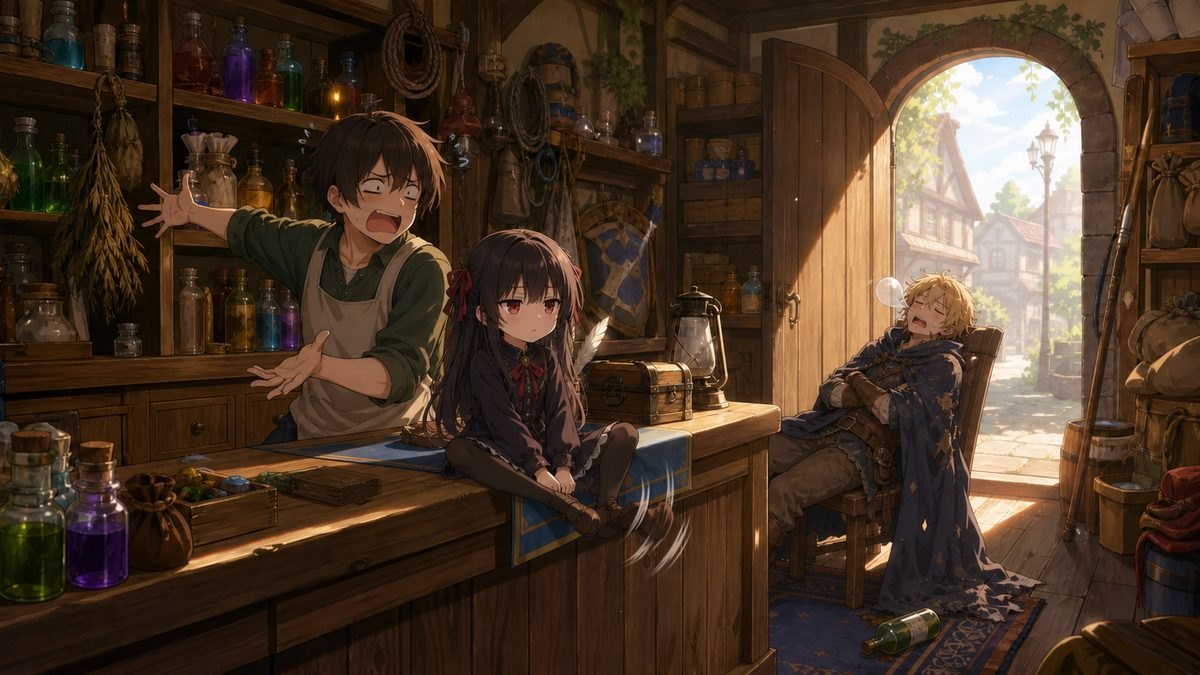 道具屋の店内で店主が嘆き、カウンターに座る少女と眠る勇者のイメージイラスト
