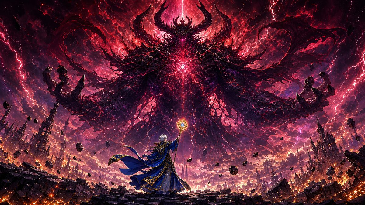 巨大な魔神と対峙するミハイル