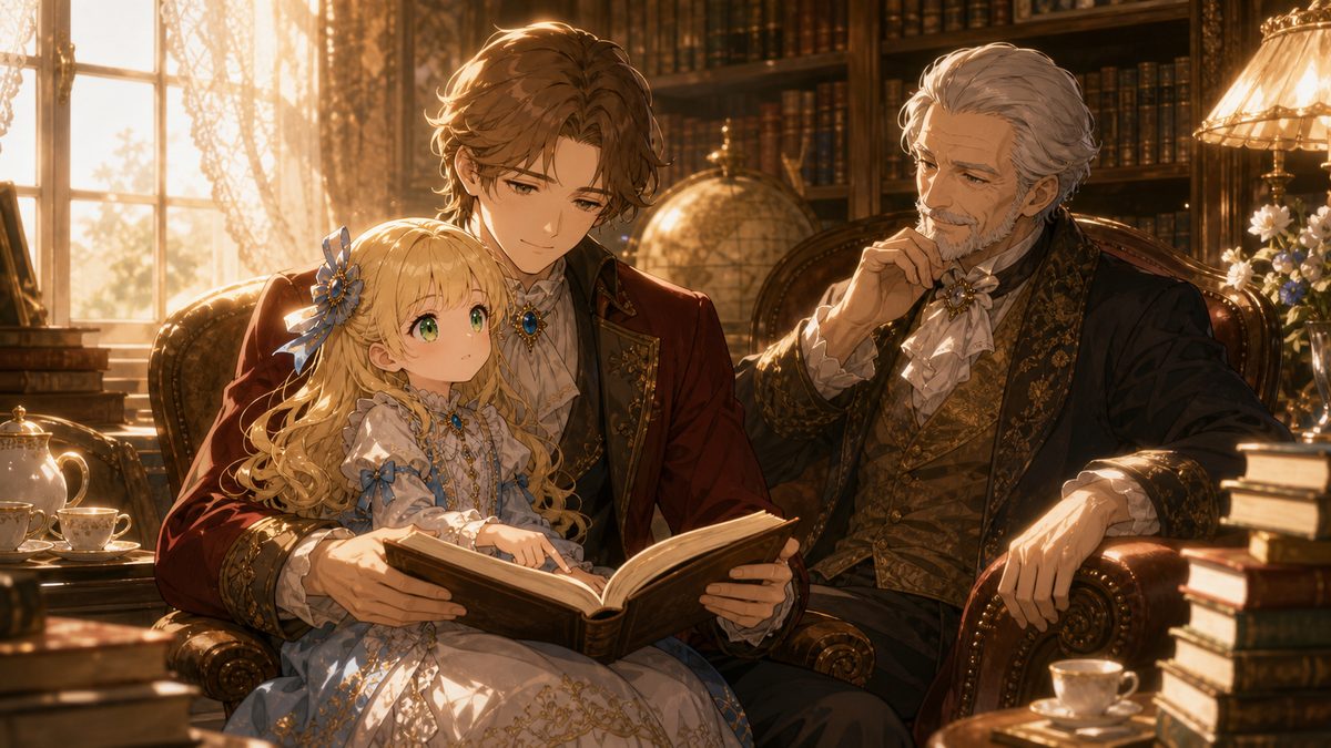 書斎で父と祖父に囲まれ本を読む少女のイメージイラスト