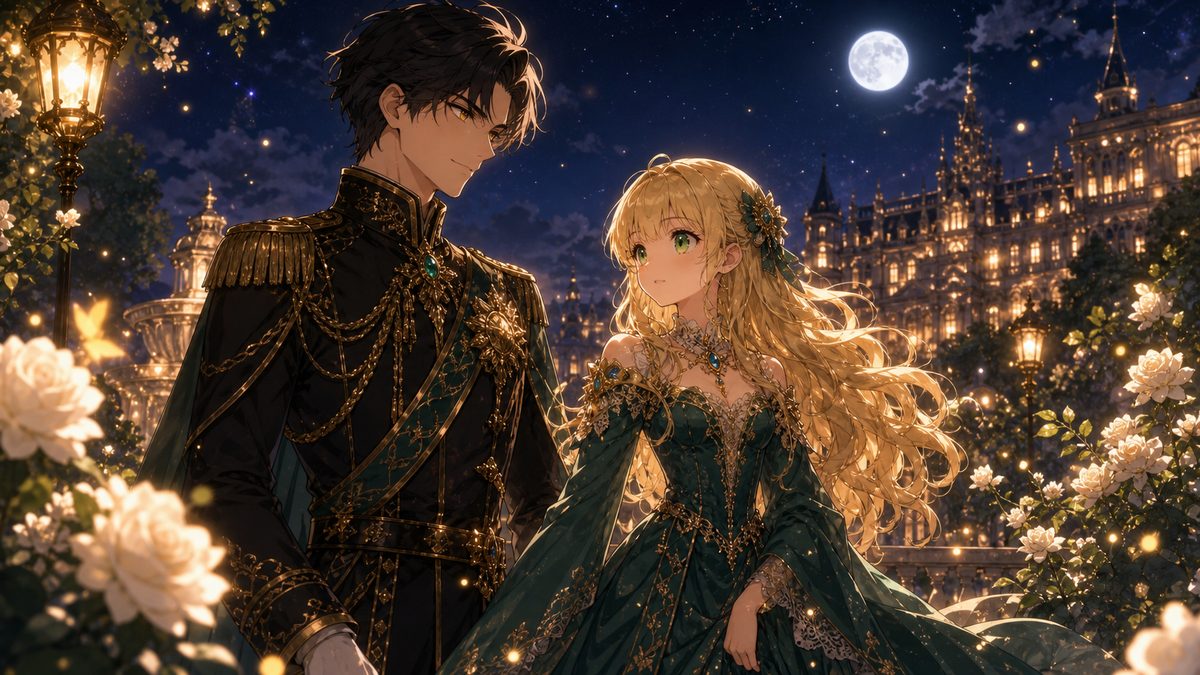 月夜の庭園でたたずむ成長した令嬢と皇子のイメージイラスト