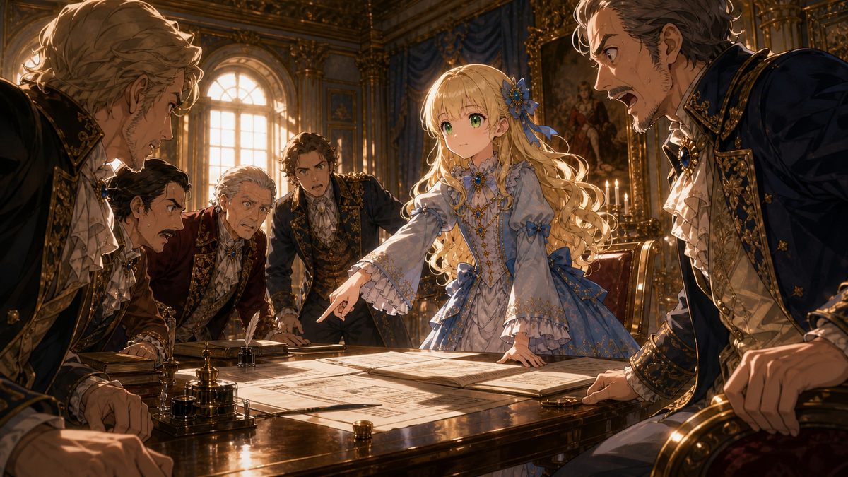 会議室で書類を示し大人たちを驚かせる少女のイメージイラスト