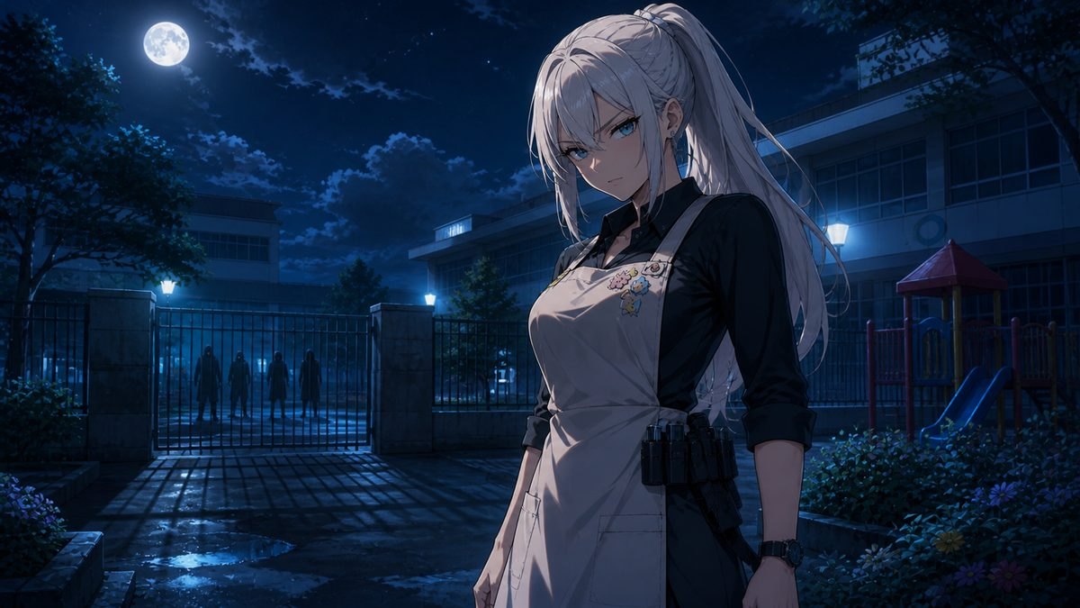 月夜の幼稚園の門前で侵入者の気配に身構える女性教諭のイメージイラスト