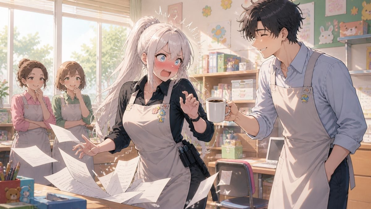 職員室で同僚にコーヒーを差し出され動揺する女性教諭のイメージイラスト