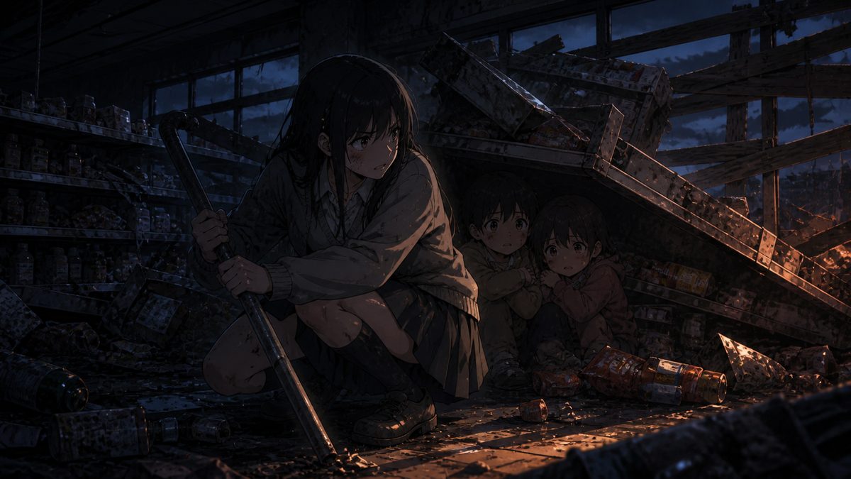 崩壊したコンビニで弟たちを守る少女のイメージイラスト