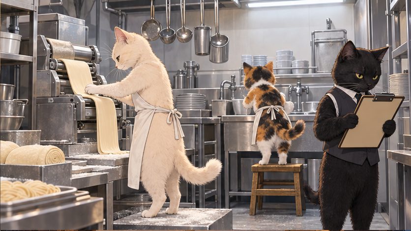 製麺機や洗い場で作業する猫たちの厨房のイメージ