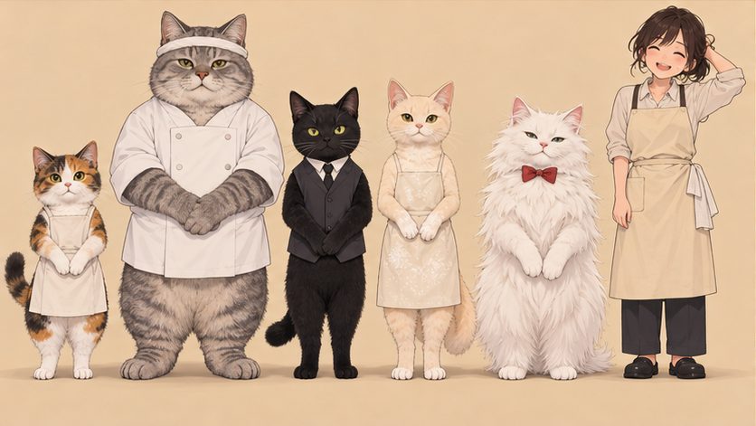 制服姿で並ぶ5匹の猫と人間の女性店員のイメージ