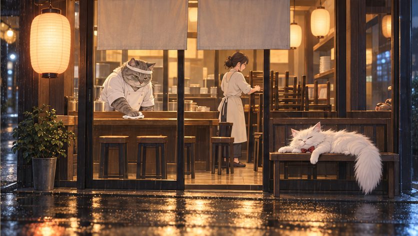 雨の夜、閉店作業をする店内を外から見たイメージ