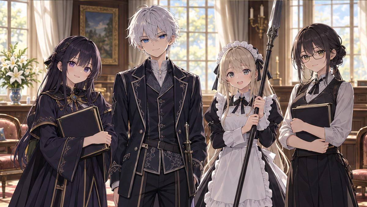 屋敷で並び立つ主人公と3人の少女たちのイメージ