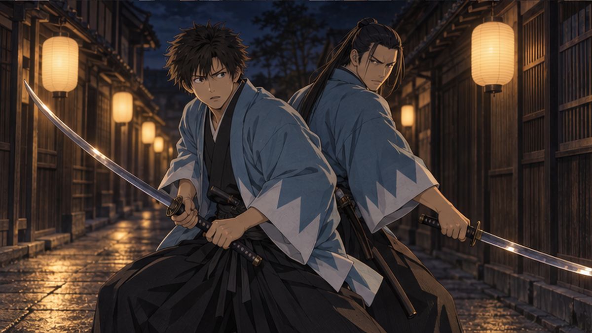 夜の京都の町で抜刀する隊士たちのイメージ