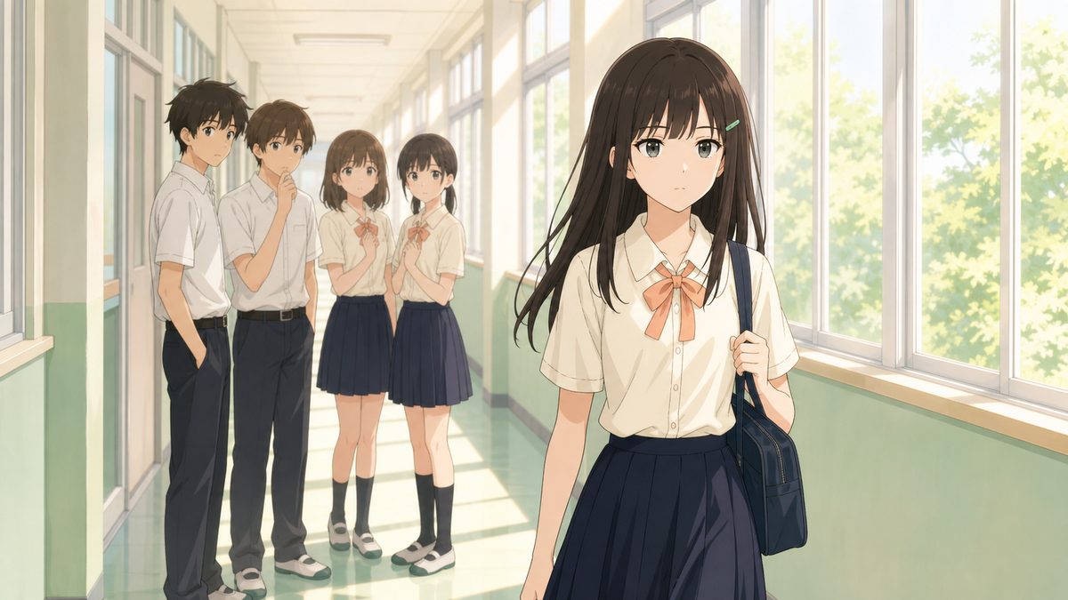 無表情で廊下を歩く女子高生と、遠巻きに見るクラスメイトたち