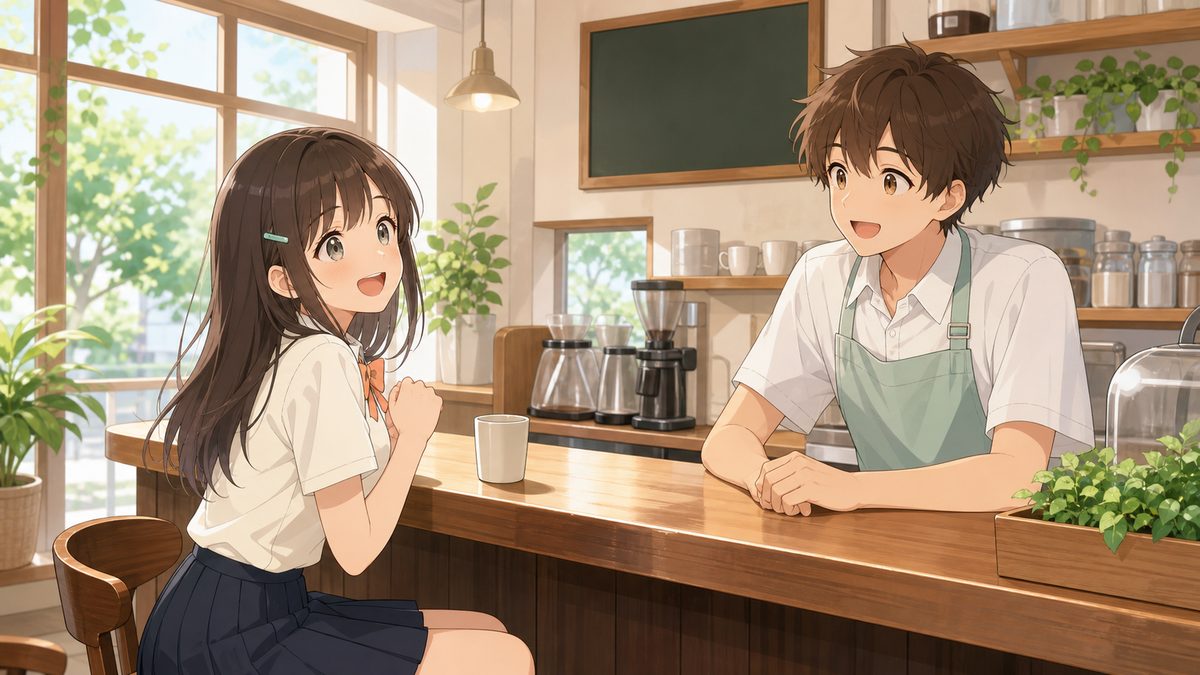カフェのカウンターで屈託なく笑う女子高生と店員の少年