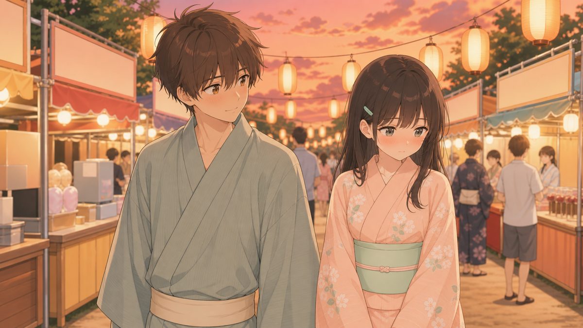 夕暮れの夏祭りで浴衣を着て並んで歩く二人