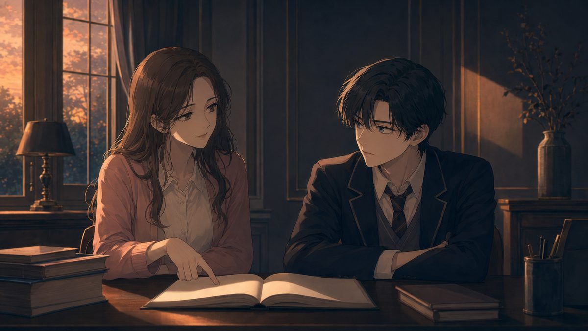 窓辺の書斎で高校生に勉強を教える大学生の女性と、彼女を見つめる制服の少年