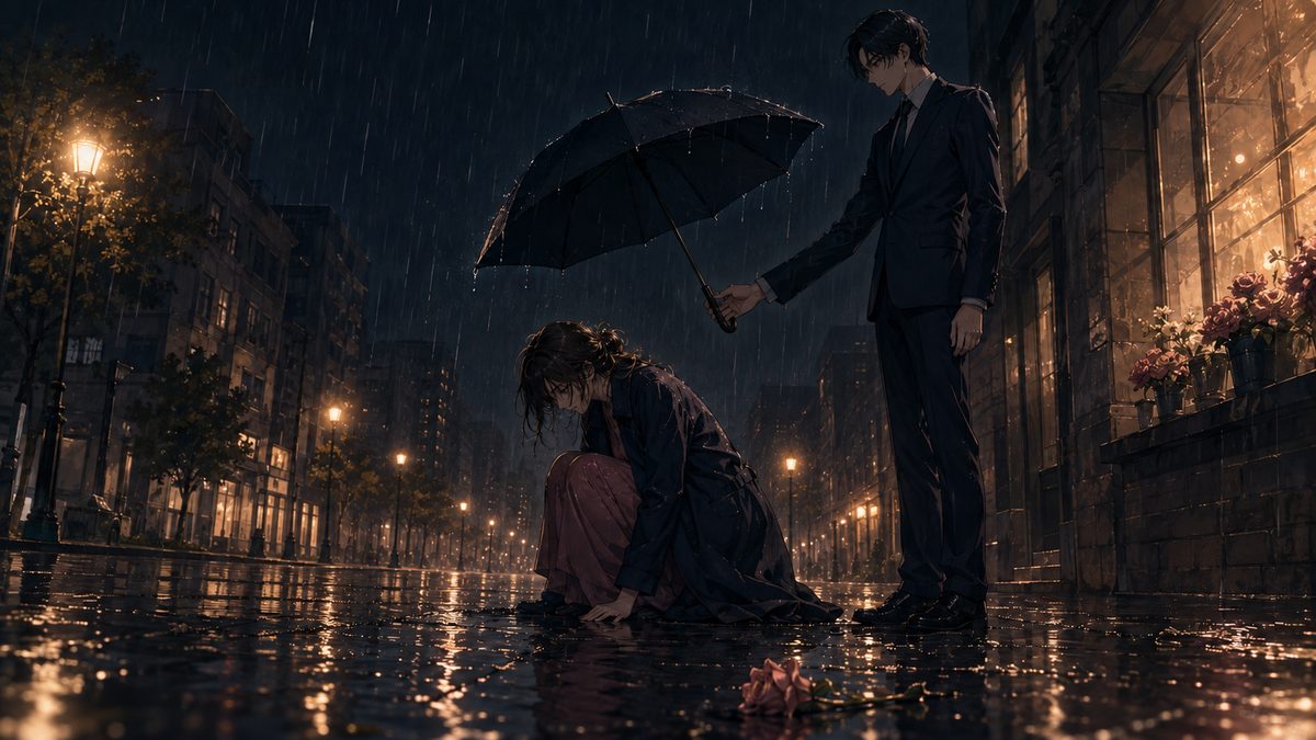 雨の夜道でうずくまる女性に傘を差し出す青年と、路上に落ちた一輪の花