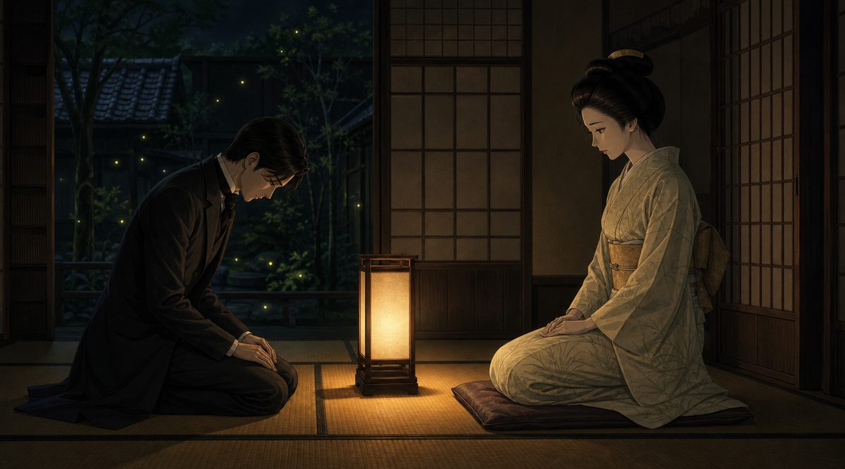 行灯の灯る座敷で令嬢の前に頭を下げて座る男