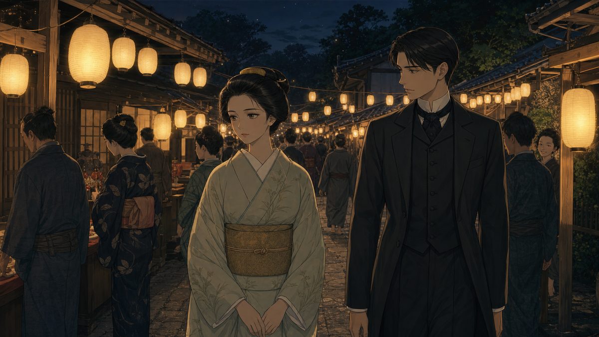 提灯が連なる夏祭りの道を並んで歩く令嬢と黒衣の男