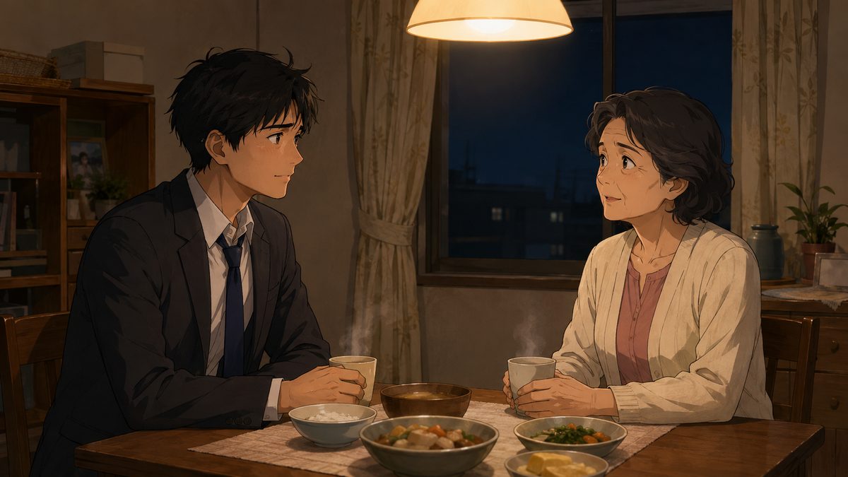 温かい灯りの食卓で母親と向き合って話す青年