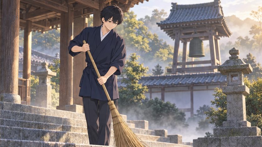 朝靄の寺で石段を掃き清める男子生徒のイメージ