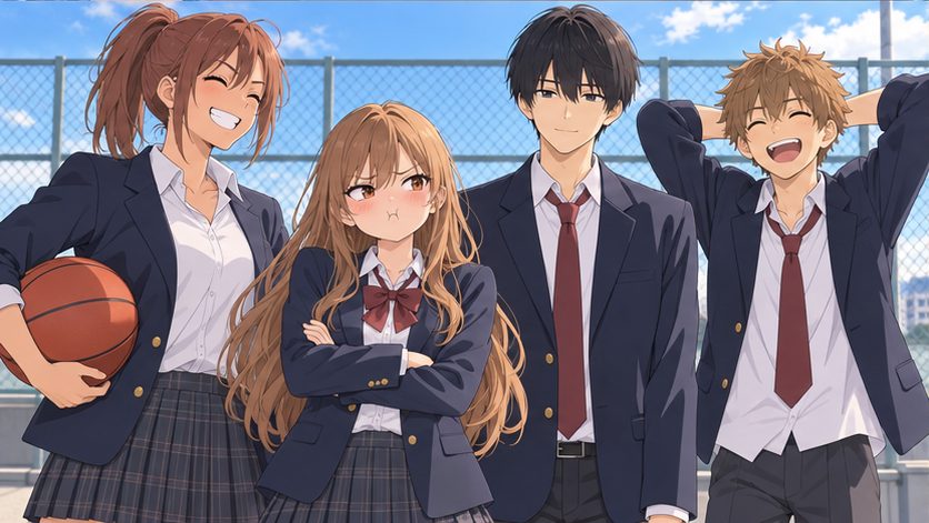 青空の下の屋上に並ぶ4人の高校生のイメージ